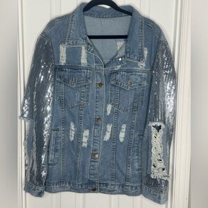 Denim Jacket with Silver Sequin Sleeves